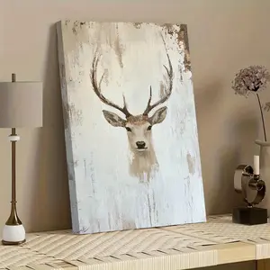1 Piece Country Modern Deer Head Canvas Wall Art - Distressed White Background, Wrapped Frame, Vertical Portrait Suitable for Living Room, Bedroom, Office, Kitchen, Bathroom - Indoor/Outdoor Spring Summer Decoration, Deer Home Decor, Simple Design, High-Q