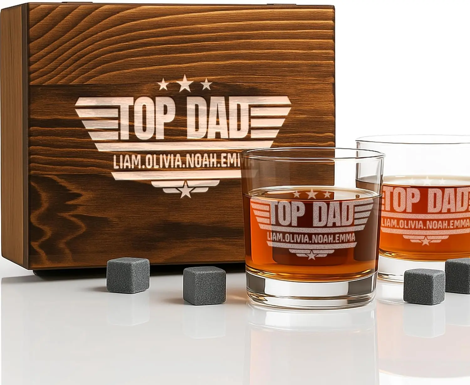 Personalized Vintage Birthday Whiskey Gifts for Men - 11 oz Engraved Bourbon Glass - Set of 2 Vintage Whiskey Cup in Wooden Box - 4 Designs Custom Scotch Glass Gift For Him (Dad Custom)