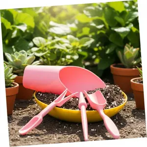 Mini Gardening Tool Set: Essential 4-Piece Kit with Plastic Trowel, Scoop, Spade, and Bucket for Indoor Plant Care, Repotting, and Home Gardening. Compact & Convenient for Soil Work and Transplanting.