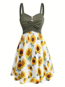 Women's Patchwork Sunflower Print Ruched Tank Dress, Casual Sleeveless A Line Short Dress for Spring, Ladies Clothes for Daily Wear