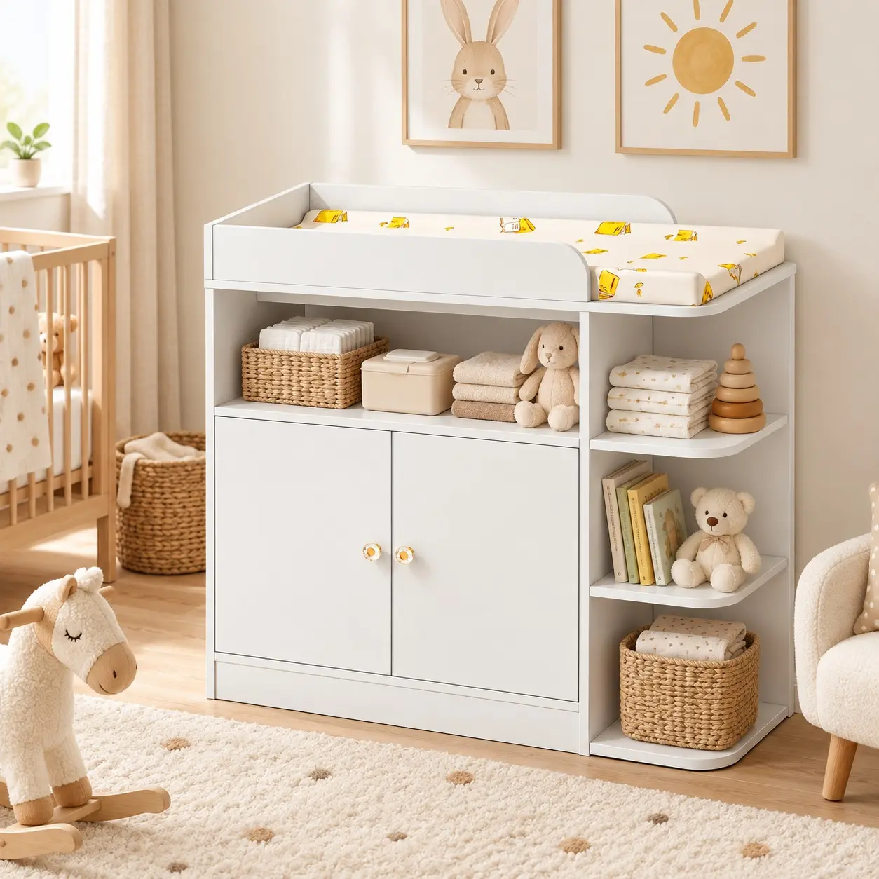 Wanan Baby Changing Table Dresser for Nursery Baby Items - Wood Safety-Tested Station with 4 Open Shelves, Large Cabinet, Ergonomic Height, Pink/White