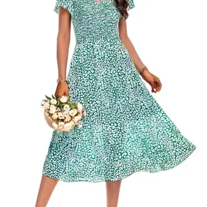 ZEAGOO Women Modest Floral Midi Dress Summer Short Ruffles Tiered Sleeve Smocked Dresses V Neck Bohemian Wedding Guest Long Dresses
