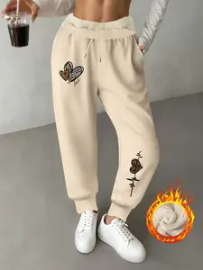 Women's Leopard Heart Love Letter Print Drawstring Pants, Fitted Long Casual Warm Lamb Fur Trousers for Fall & Winter