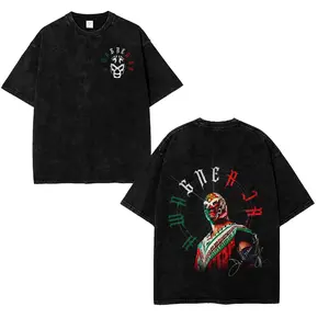 Rey Mysterio Washed T-Shirt Wrestling WWE Fans Tee Menswear 100% Cotton Crewneck American Made Acid Washed Top Seamless Rib Collar Casual ShortSleeve Tropical Tropical Streetwear Tshirt Fabric graphic