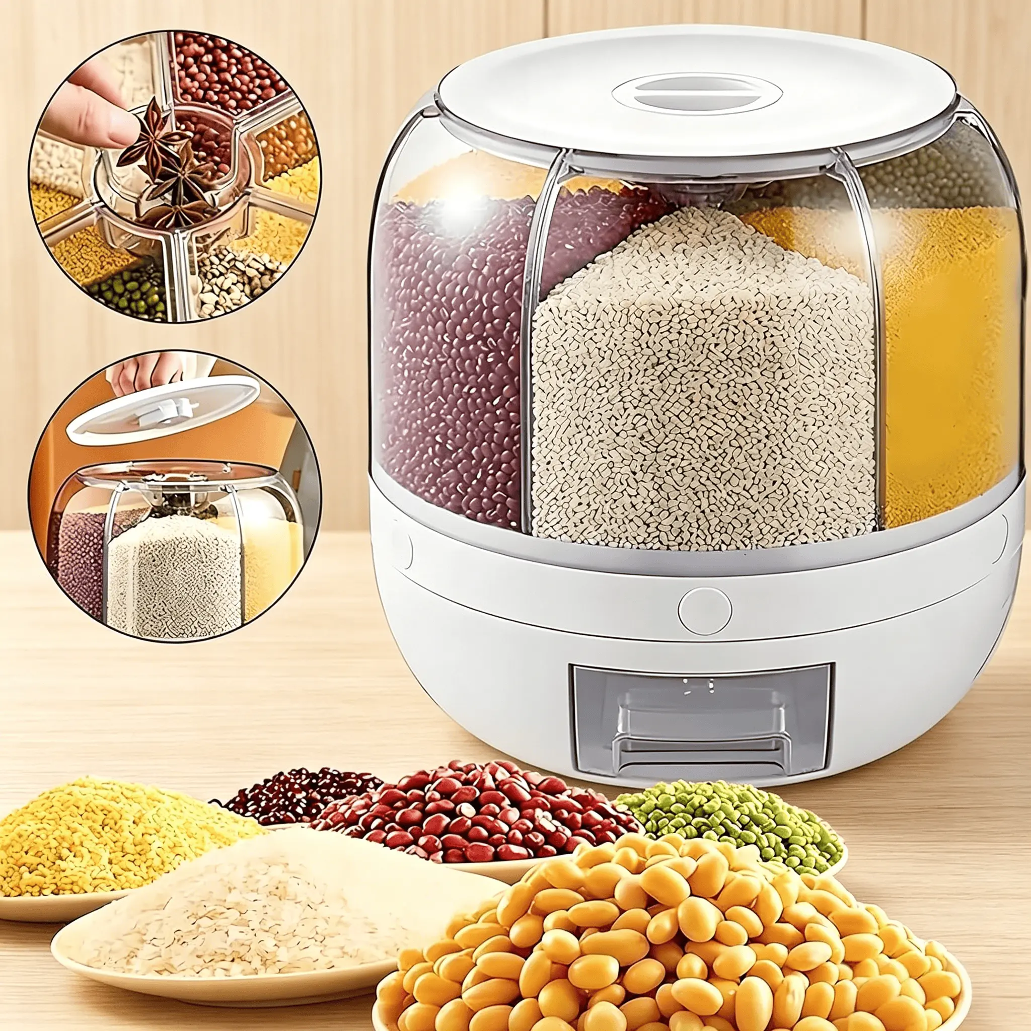 Cylindrical Round Plastic Food Storage Dispenser - 6-Compartment Rotating Airtight Container, 1-Touch Dispensing, Moisture-Pest Proof, Reusable Hand-Washable Kitchen Jar for Rice, Grains, Transparent