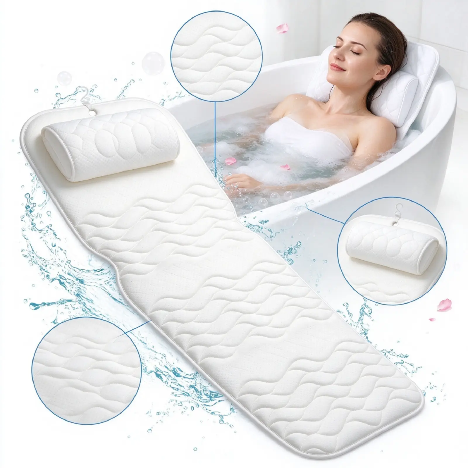 Luxury Full Body Bath Pillow for Bathtub, Thick Non-Slip Spa Cushion with Neck Support & Hanging Hook, Quick Dry Soaking Tub Mat