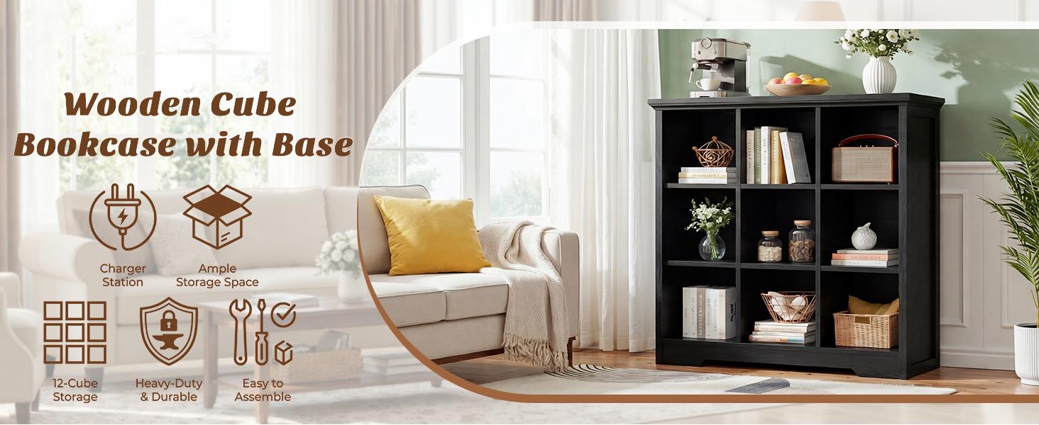 Wooden 9-Cube Storage Organizer with Charging Ports, Modern Cube Bookcase with Base, 4-Tier Floor Standing Open Cubbies Bookshelf for Home and Office