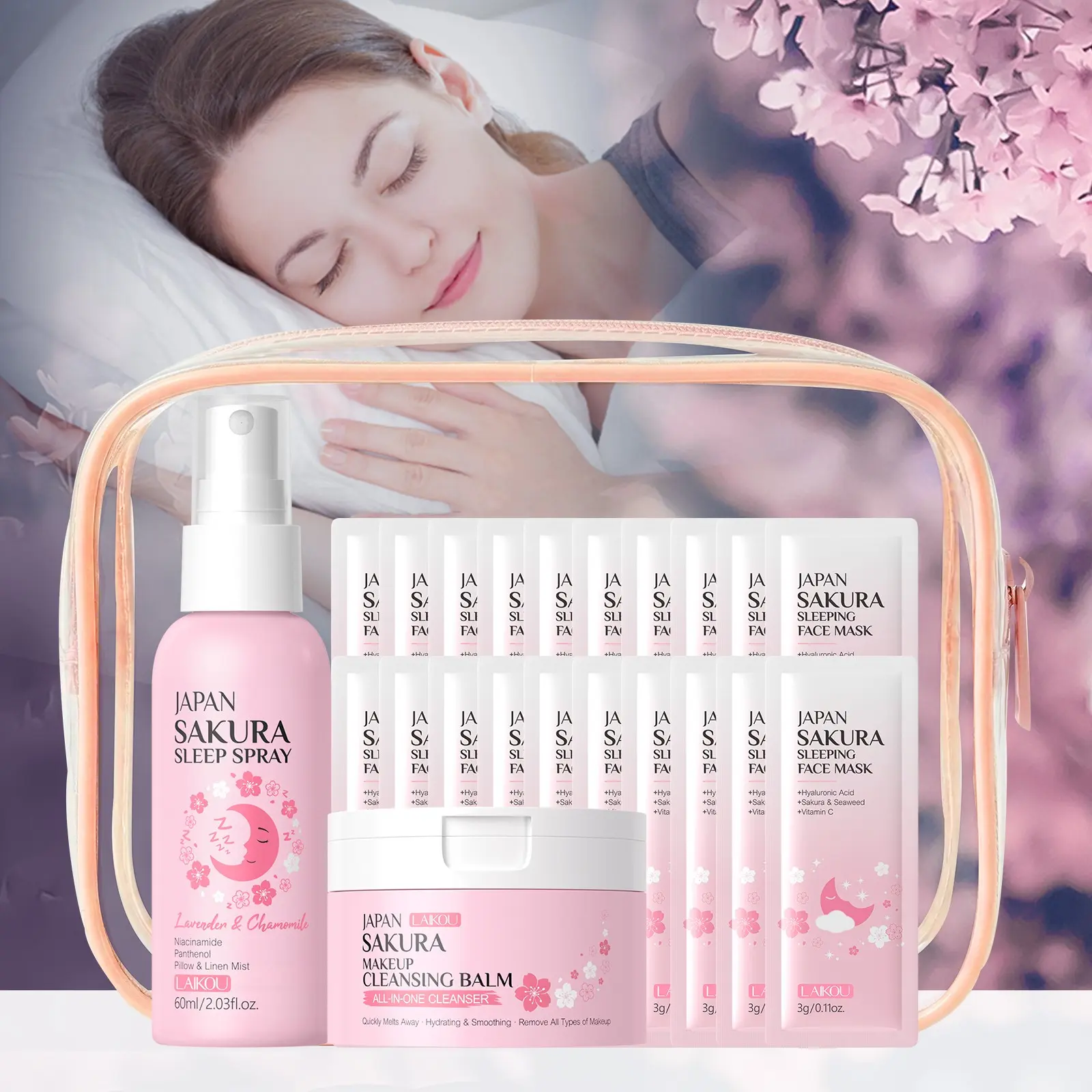 LAIKOU Japan Sakura Nighttime Beauty Ritual Set - 3-In-1 Cleansing Balm, 20 Pcs Sleeping Mask & Relaxing Sleep Spray | Night Repair & Soothing Skin Care Kit for Radiant Skin | Includes Portable Waterproof Bag Calming Routine Set Beauty Sets