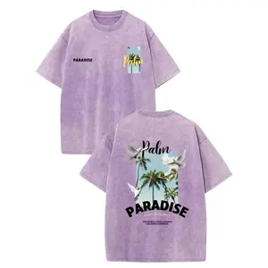 Summer Themed Tropical Palm Doves, Beautiful Beaches, Sunshine, Waves, Summer Men'S 230 High-Quality Batik Dyed Pure Vintage Trendy Brand T-Shirt, Short Sleeved Round Neck T-Shirt, With A Certain Thickness Suitable For Summer Wearing T-Shirt