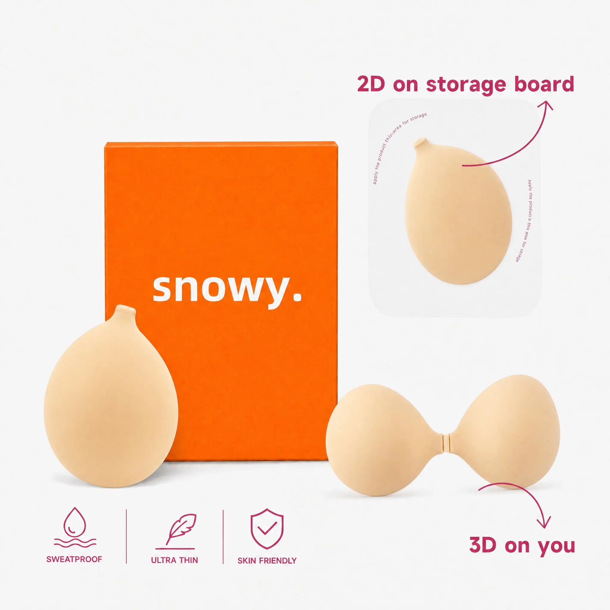 Snowy Strapless Bra -- Push-up Sticky Bra, Waterproof & Sweat-proof Invisible Bra, Reusable Silicone Adhesive Bra for Women, Includes Storage Board & Replaceable Pads