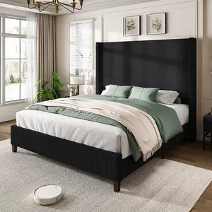 AMERLIFE 62" Corduroy Upholstered Bed Frame, Luxurious Platform Bed with Extra Tall Wingback Headboard and Vertical Stripe