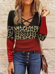 New Arrival Elegant Commuter Slim Fit V-Neck Leopard Print Long Sleeve Top, Stylish and Comfortable, Perfect for Office Wear, Longsleeves