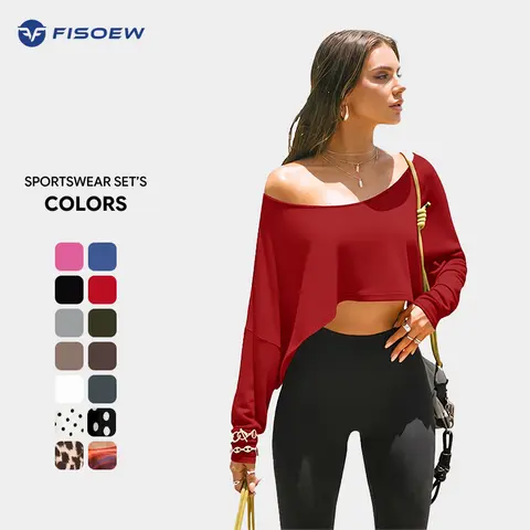 Fisoew Women's Off-Shoulder Long Sleeve Cropped Loose Batwing Asymmetrical Cute Top Trending Clothes for Everyday Casual Sports Wear Womenswear Clothes SohoChic