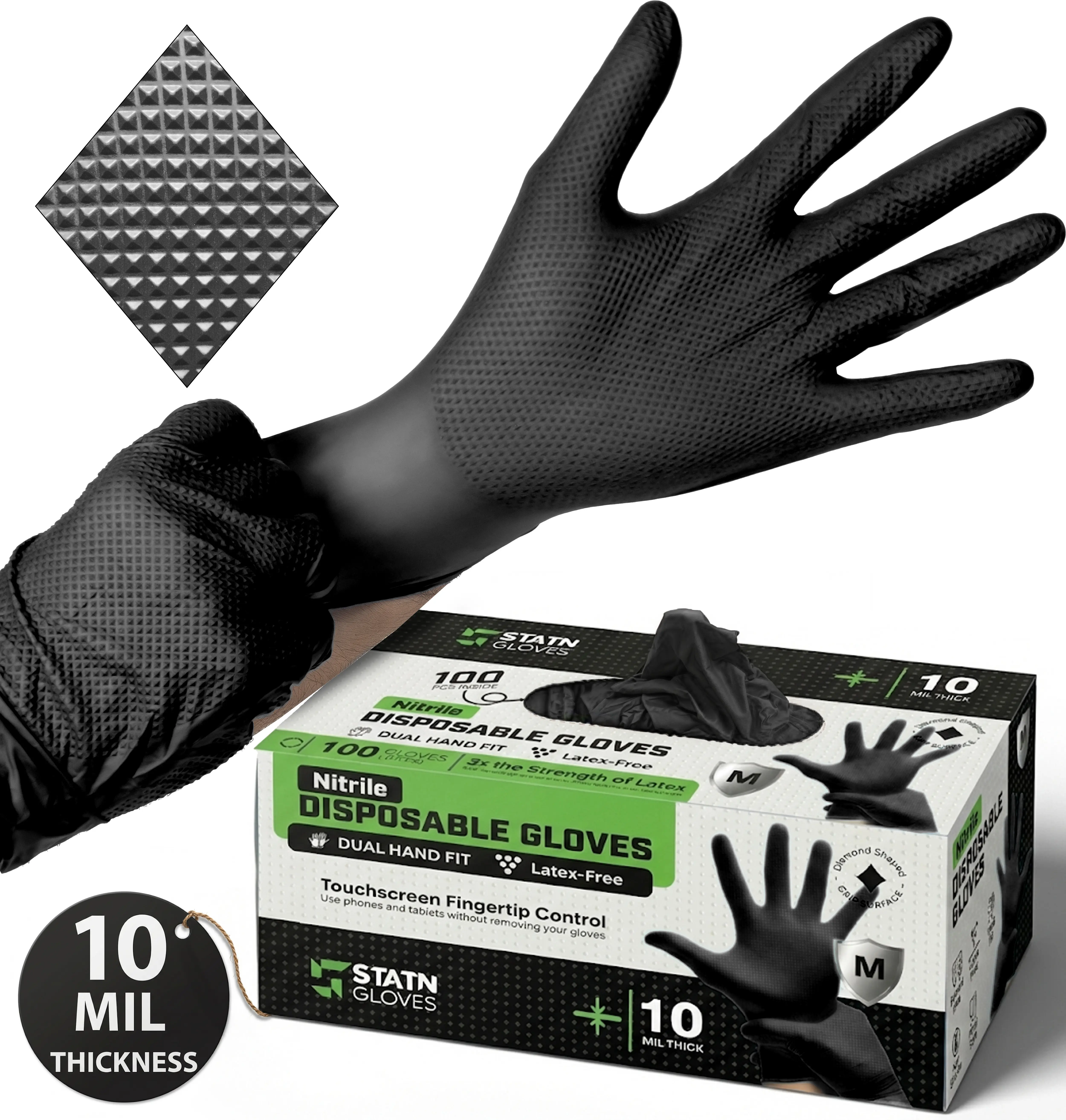 10 Mil Nitrile Non-Sterile Mechanics Gloves | Heavy Duty Disposable | Diamond Texture | Latex Free | Black | Staten Gloves