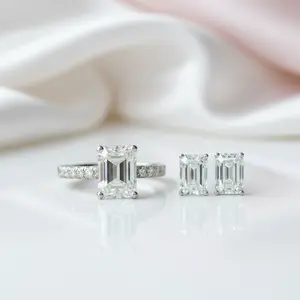 3ct Emerald Cut Moissanite Engagement Ring and Earrings Set
