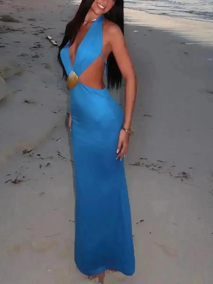 Trendy Formal Evening Gown, Seashell Decor Halter Neck Dress, Elegant Sleeveless Backless Evening Party Gown for Cocktail Prom and Club, Chic, Every Season, Lightweight, , Stylish, Trendy, Classy, Cozy, Easy Wear