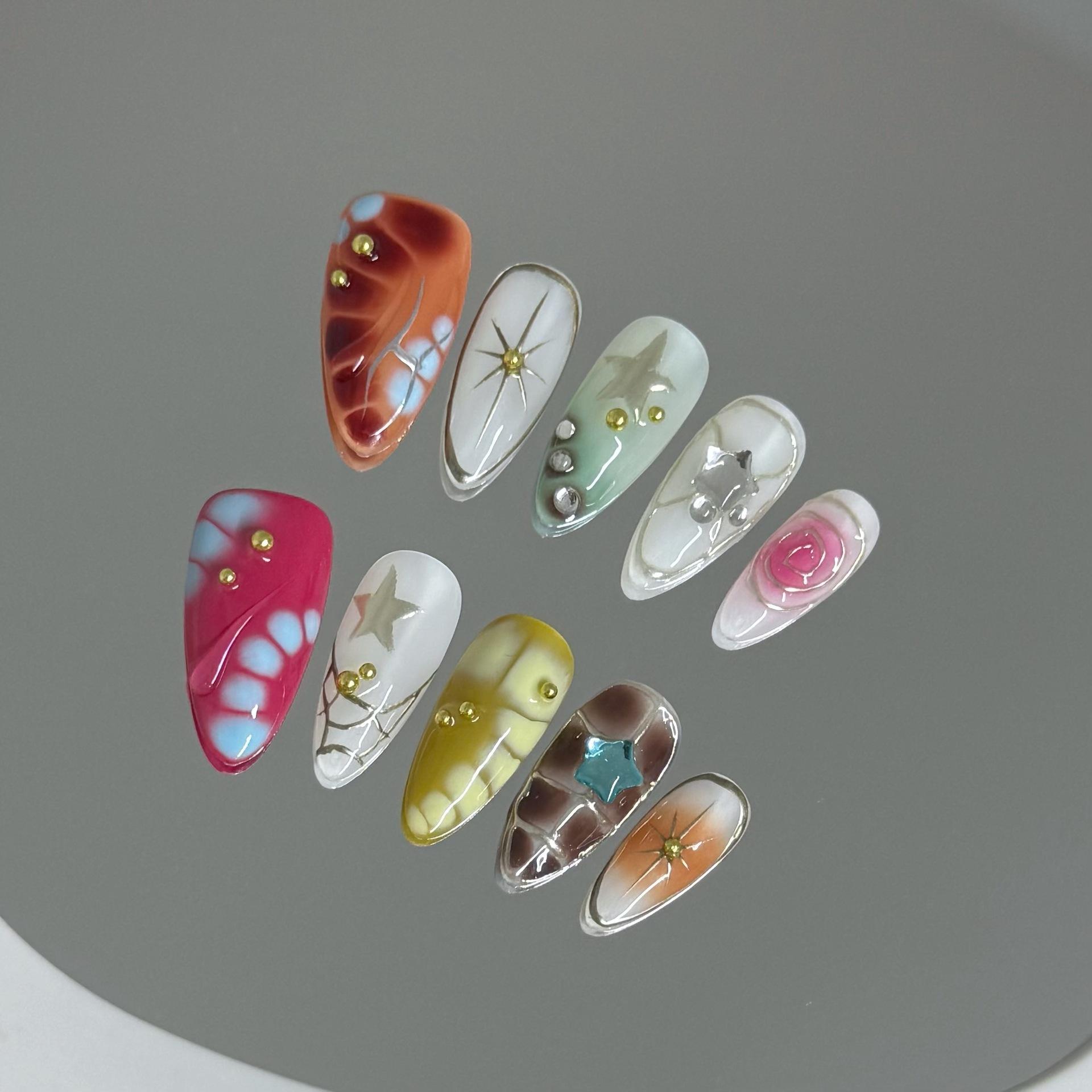 NAILS HAVEN Short Almond Press On Nails 10Pcs Cute Handmade Acrylic Nails Reusable Nail Art With Charms Easy Application Manicure Cutics Manicure