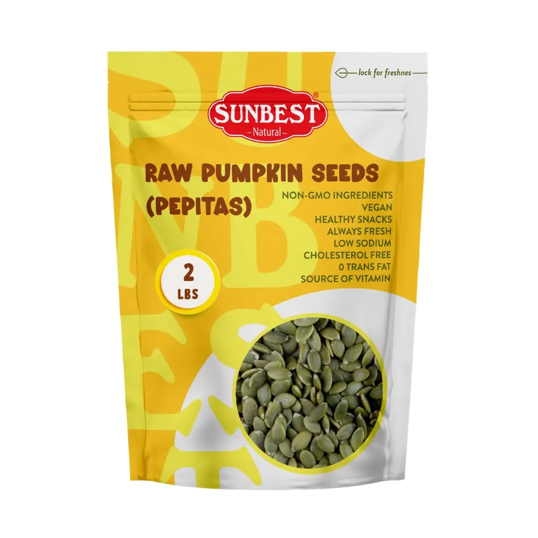 Sunbest Natural Raw Pumpkin Seeds – 2 Pounds (32 oz) Unsalted & Shelled – Whole Pepitas, Pumpkin Seeds to Eat – Great for Snacking, Baking & Topping – Rich in Essential Fatty Acids, Iron & Protein