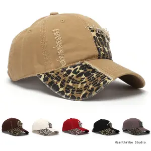 Cotton Unisex Leopard-Print Patchwork, Distressed Baseball Cap - Versatile Casual Sun Hat