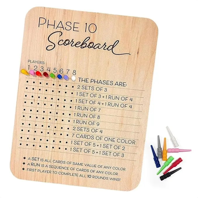 Wooden Phase 10 Score Board, Scoreboard for Phase 10 Card Game with 8 Colored Cribbage Pegs, Reusable Family Party Game Scoreboard, for UNO, Poker, Mario Kart and Multi-Player Game Activities