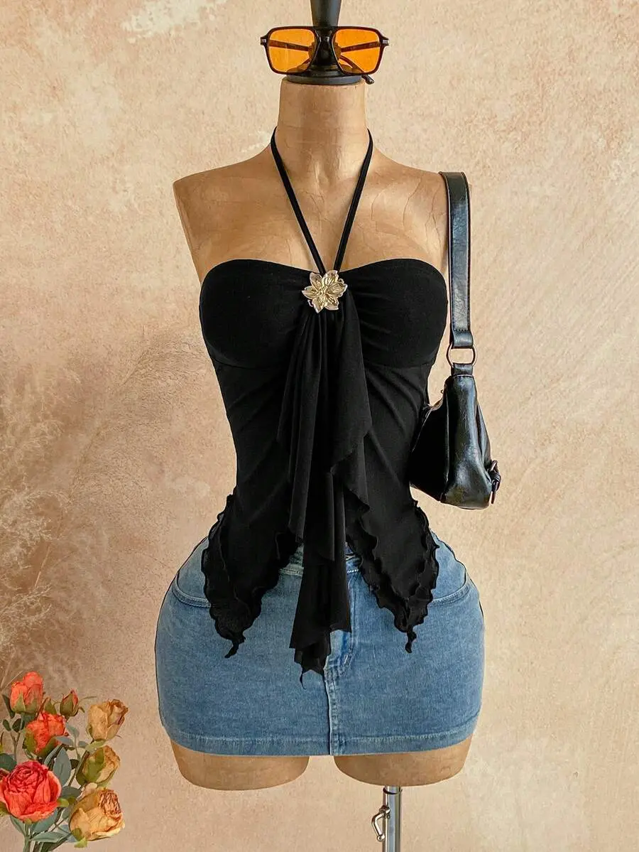 Women's Summer Holiday Vacation Black And Gold Metal Floral Decor Halter Top,Casual Backless Tie Neck Asymmetrical Scarf Blouse,Vintage 3D Flower Top