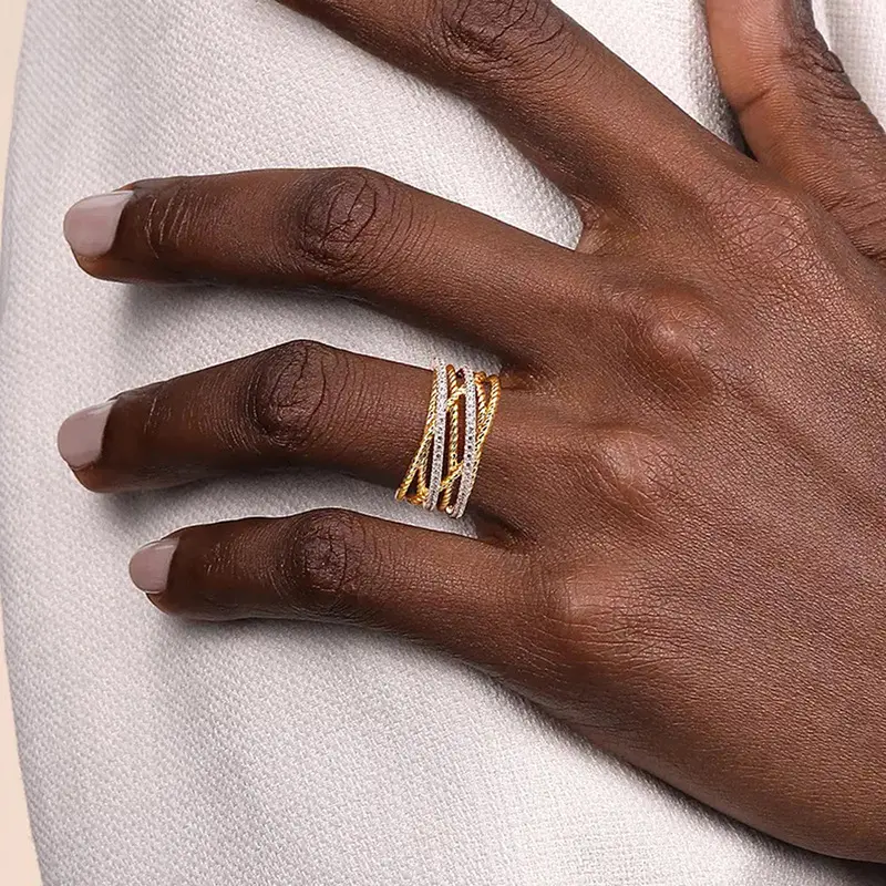 14K Gold 2-Tone Crossover Band - 5A+ Sparkling Zircon Interlocked Stackable, No Metal Coating, Exquisite Trendy, Unisex CZ Engagement Ring, CZ Wedding Band, Festive Everyday Gift, Cz Engagement Rings