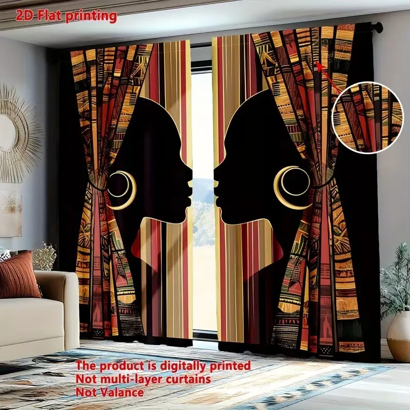 Two Pieces Set, installed by pocket rod method, African women patterned Digital Printing window drapes, suitable for living room, closet, bedroom, study, dining room, and home decoration.