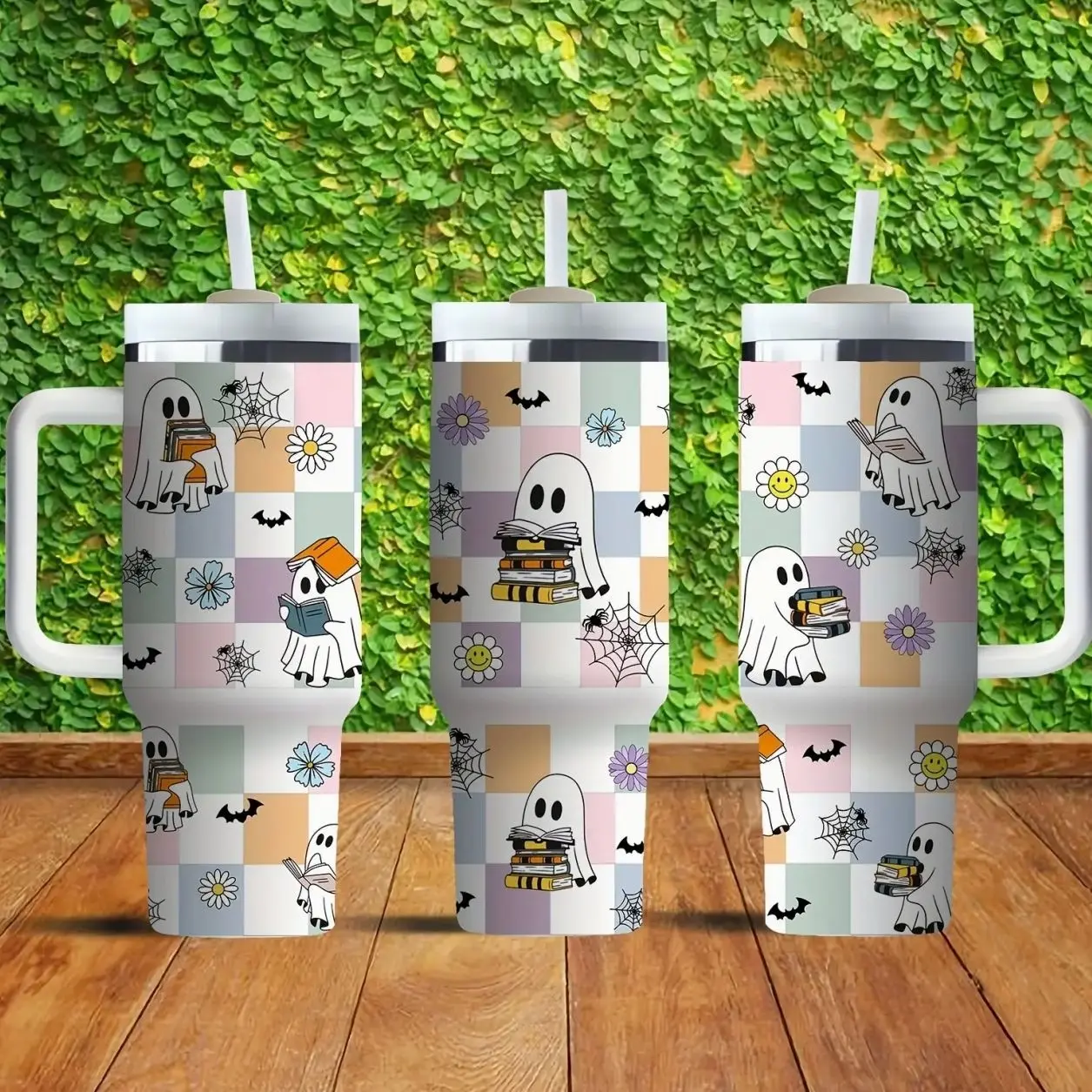 [MADE IN US] Vacuum Insulated Tumbler Cute Ghost with Lid and Straw - Stainless Steel Travel Coffee Mug Double Wall Hot & Cold Drink Cup Leakproof Portable