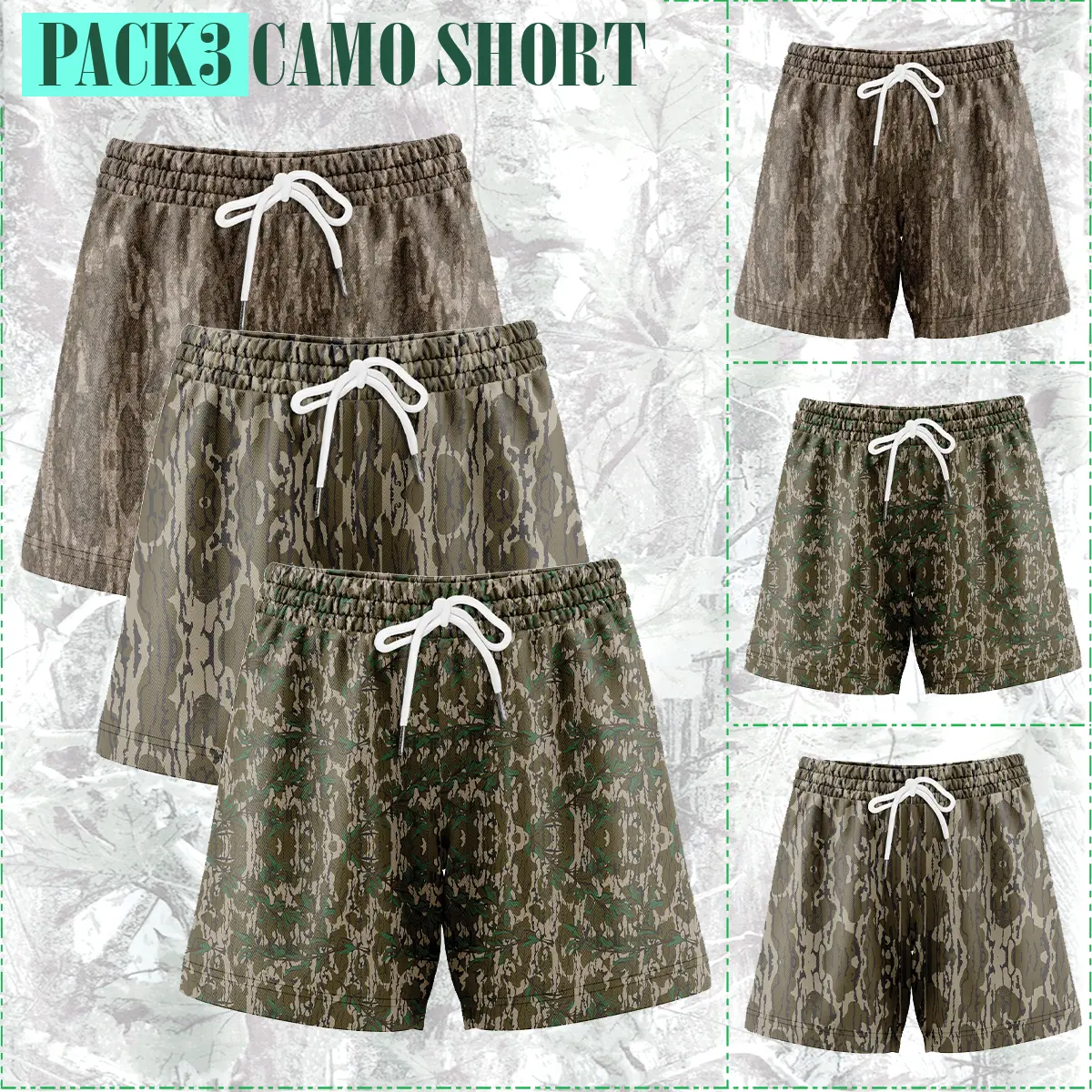 Men's Hunting Camo Shorts, 5" Inseam, Quick Dry, Soft & Js Breathable Men's Shorts - 1 Pack or 3 Pack Basic