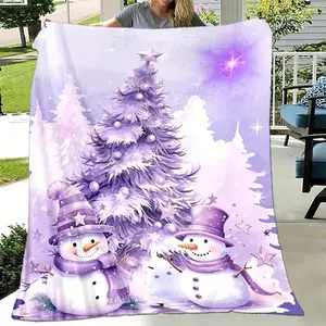 Cozy Purple & White Reversible Tree & Snowman Blanket - 280gsm Thick Winter Snowflake Quilted Texture, Soft Warm Bedspread Couch, Bed, Travel, Camping - All-Season Washable Snowman & Pine Tree Design