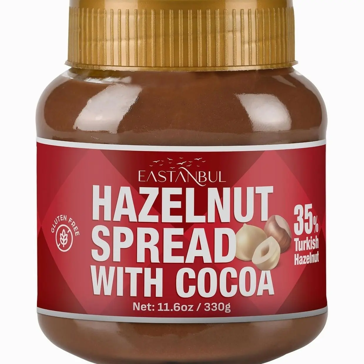 Eastanbul Cocoa Hazelnut Spread, 11.6oz, Chocolate Hazelnut Spread, No Palm Oil, Rich & Creamy 35% Nuts, Gluten-Free, Low Sugar, All Natural Ingredients, No Additives
