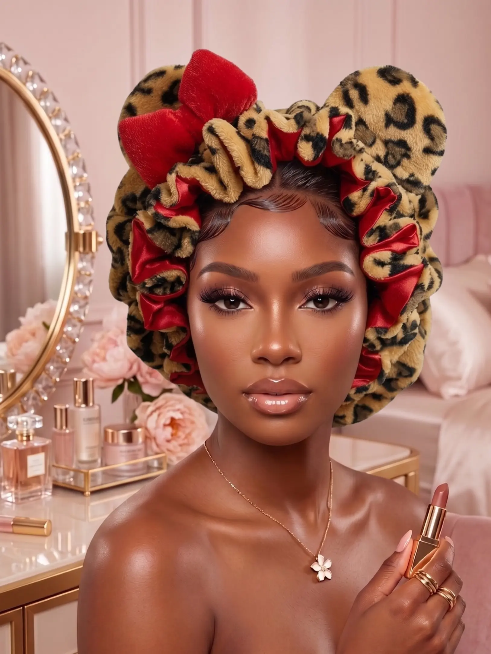 Luxury Red Cheetah Print Teddy Hair Bonnet - Soft Heatless Night Cap with Adjustable Strap for Youth Haircare, Styling in Formal and Casual Settings