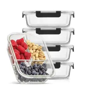 JoyJolt 3-Sectional Food Prep Storage Containers - Set of 5, Kitchen Boxes Organiser Airtight Food Storage Glass Lids Leakproof Oven Utensils