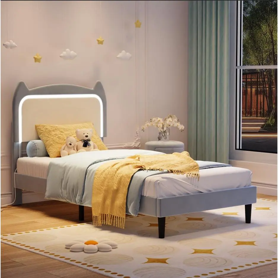 Blue Twin Velvet Upholstered Storage Bed Frame - Cute Cat Headboard Princess Design, Sturdy Wood Slats, Metal Support, Noise-Free Construction, No Box Spring Needed, Durable Space-Saving Girls’ Bed with LED Light, Assembly Required, Princess Rooms