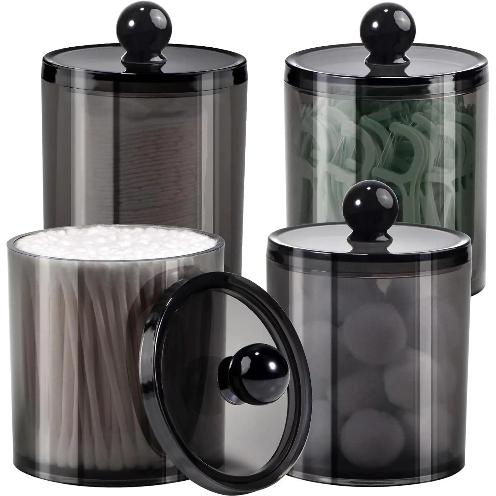4 Pack Plastic Acrylic Bathroom Vanity Countertop Canister Jars with Storage Lid, Apothecary Jars Qtip Holder Makeup Organizer for Cotton Balls,Swabs,Pads,Bath Salts (Black, 15 Oz) Bottles Round