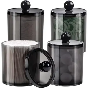 4 Pack Plastic Acrylic Bathroom Vanity Countertop Canister Jars with Storage Lid, Apothecary Jars Qtip Holder Makeup Organizer for Cotton Balls,Swabs,Pads,Bath Salts (Black, 15 Oz) Bottles Round