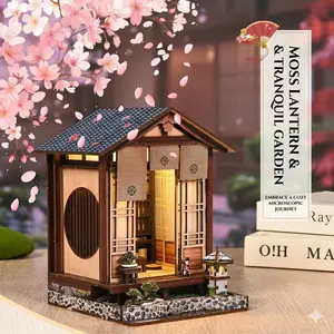 DIY Book Nook Kit 3D Wooden Puzzle, Japanese Cherry Blossom Miniature House, Aesthetic Bookshelf Insert & Home Decor Ornament