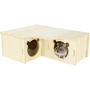 Multi-Chamber Hamster House Maze, 3-Room Hideouts, Wooden Hamster Maze & Tunnel Exploring Toys, Dwarf Hamster House Habitats Decor for Hamster Mice Gerbils Lemmings HAMSTER MAZE TOY