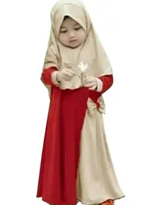 Girls' Spring & Fall Long Sleeve Bow Dress + Headscarf Two-Piece Set, Cute Kids Clothing, Fashionable Hijab