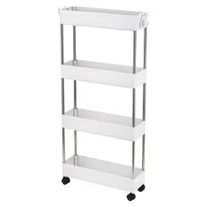 4-Layer Ultra-Thin Mobile Multi-Functional Slim Storage Cart for Kitchen Bathroom Laundry Room Small Space Plastic Stainless Steel Material White