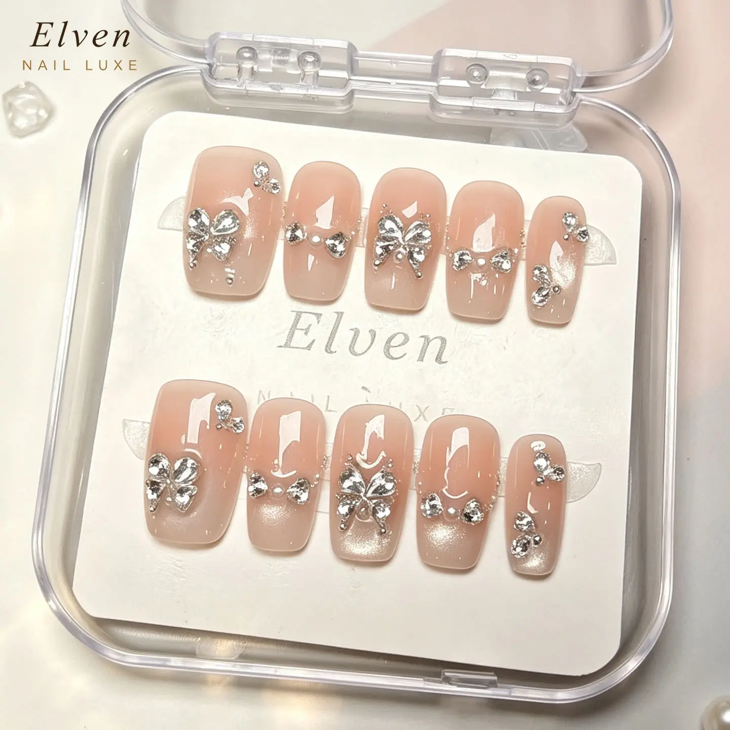 Handmade Nude Shimmer Cat Eye Press On Nails With Silver Butterfly Crystal & Rhinestone Chain Accents, Short Square Reusable Fake Nails For Girly Luxury Wear