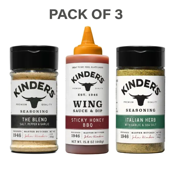 Pack of 3 Kinders, Italian Herb Seasoning 5.3 oz, Sticky Honey BBQ Wing Sauce 15.8 oz & The Blend 3 oz