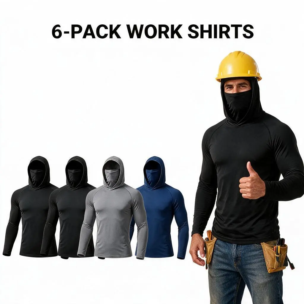 Men’s Polyester UPF 50+ Hooded Sun Protection Shirts with Built-in Face Mask, 3/6 Pack Quick-Dry Stretch Long-Sleeve Athletic Tops, Lightweight Breathable Outdoor Wear for Fishing, Hiking