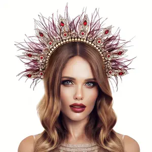 The new 2024 is a hot sellerHalo Crown Goddess Headpiece Red Princess Headband Zip Tie Queen Headwear for Woman Greek Wedding Tiara Cosplay Costume Halloween Carnival Shows Feather