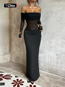 Wowdark One Shoulder Lace Patchwork Slim Slit Long Dress, Elegant Formal Evening Gown, Stylish Party Wear, Women's Fashion Clothing