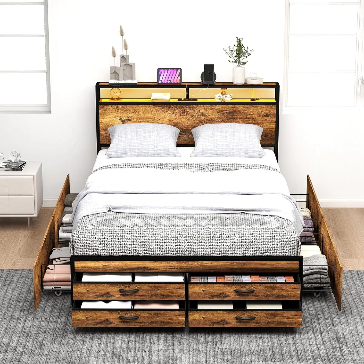 Queen Size Bed Frame with 8 Storage Drawers & Charging Station, Modern Metal Queen Platform Bed with Bookshelf Headboard,RGB LED Lights, No Box Spring Needed (Brown, Queen)