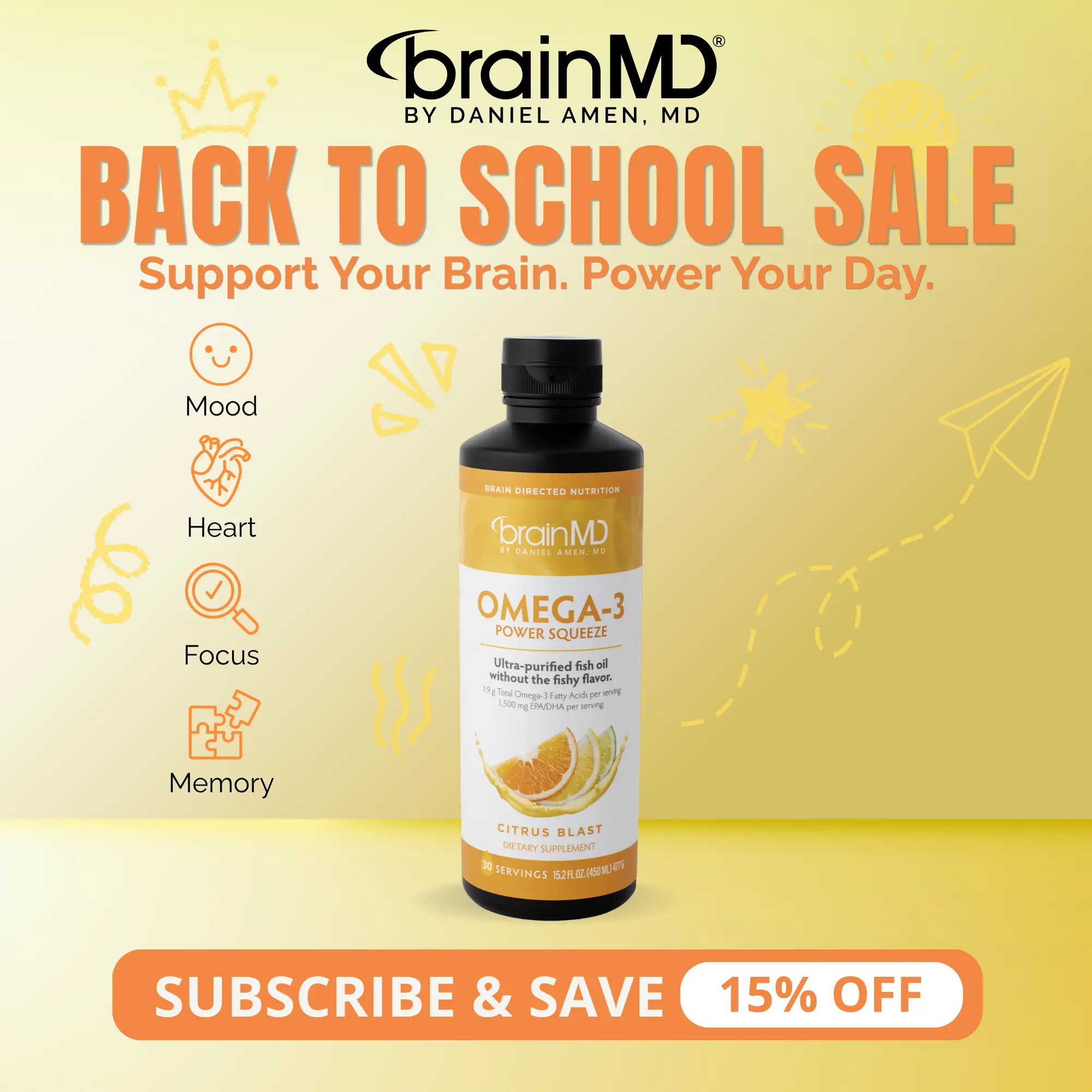 Omega-3 Power Squeeze | BrainMD | 15.2 fl oz / 30 Servings | Brain, Mood & Memory Support | Heart & Joint Health | Liquid EPA & DHA Fish Oil | Citrus Blast
