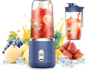 Portable Blender 14oz for Juices & Smoothies with 6 blades Puwerful performances Fusion Blender | USB Rechargeable, Lid, Cup included | Fit for travel and outdoor activities (Navy Blue)