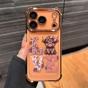 Cute Cow Love Pattern Phone Case ,Electroplated Cover with Airbag Shockproof Soft TPU Cover for iPhone X 11 12 13 14 15 16 17 Pro Max Plus Air Girly Western Country