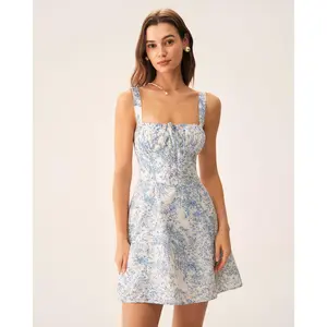 rihoas Women's Blue Floral Ruched Slip Corset Mini Dress, Polyester Fabric, Adjustable Straps, Casual Wear